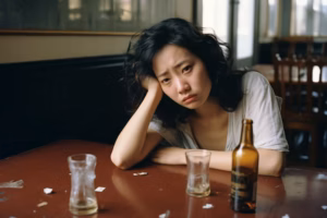 Woman experiencing alcohol withdrawal symptoms while attempting detox from alcohol at home