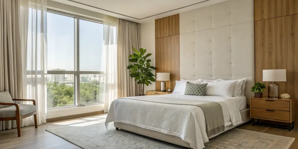 A calm bedroom in a facility showing the benefits of inpatient depression treatment.