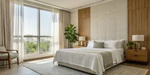 A calm bedroom in a facility showing the benefits of inpatient depression treatment.