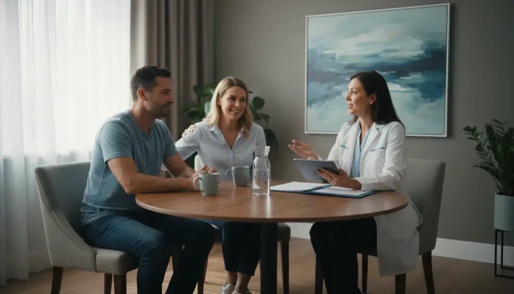Clinician discussing dual diagnosis treatment Ohio options with a family in a private setting