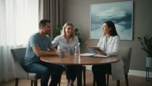 Clinician discussing dual diagnosis treatment Ohio options with a family in a private setting