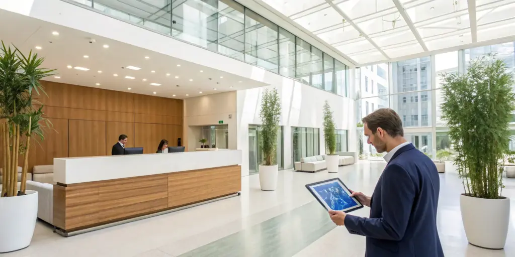 Lobby of a modern inpatient drug rehab that accepts Blue Cross.
