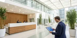 Lobby of a modern inpatient drug rehab that accepts Blue Cross.
