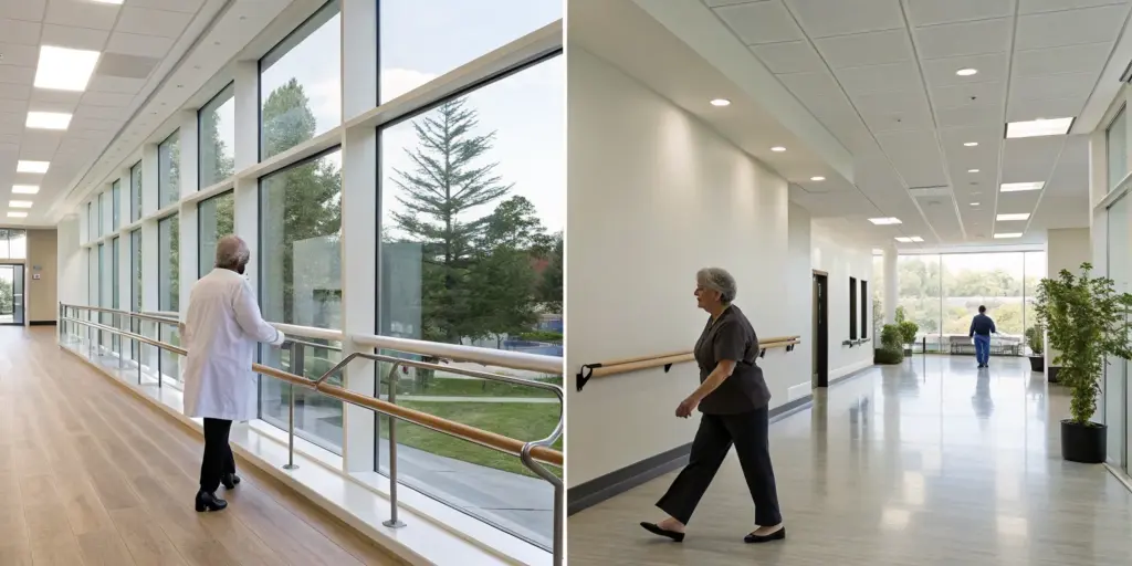 Patients in a rehab center hallway, comparing inpatient vs outpatient rehab success rates.