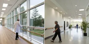 Patients in a rehab center hallway, comparing inpatient vs outpatient rehab success rates.