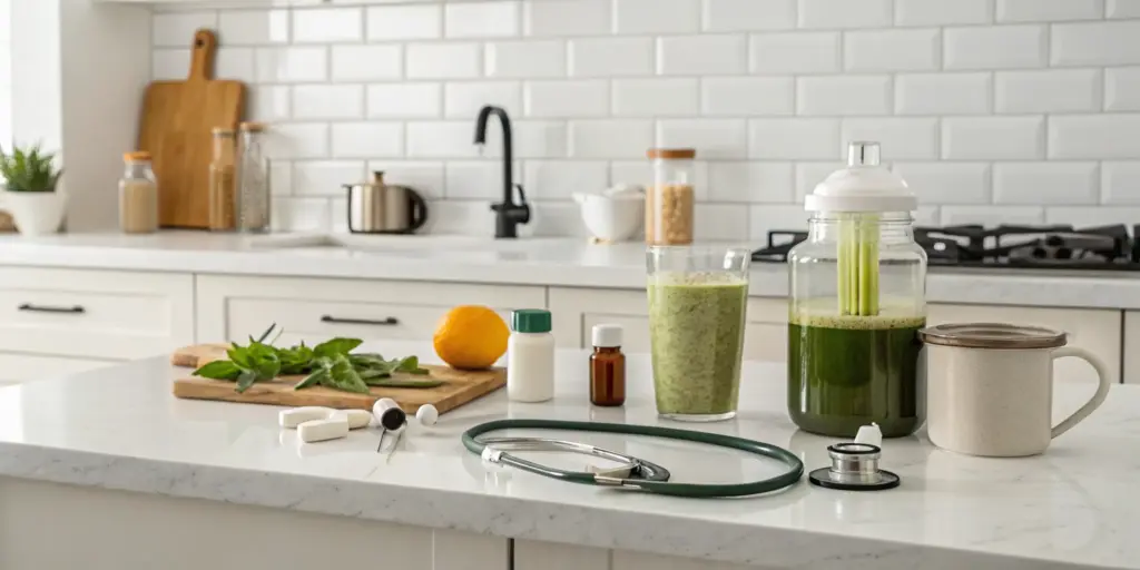 A stethoscope, supplements, and pills on a counter reveal the dangers of detoxing at home.