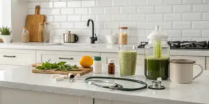 A stethoscope, supplements, and pills on a counter reveal the dangers of detoxing at home.