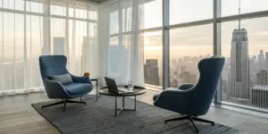 Private executive rehab lounge with a comfortable workspace and views of the city.