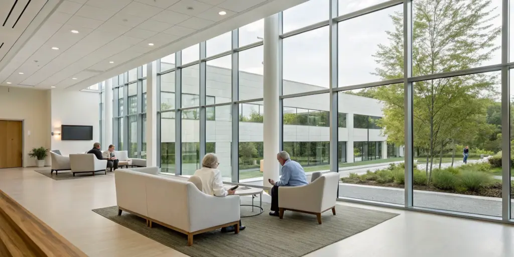 What a modern inpatient drug rehab common area is like, with comfortable seating and peaceful views.