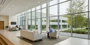 What a modern inpatient drug rehab common area is like, with comfortable seating and peaceful views.