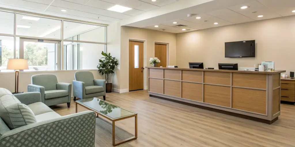 Welcoming lobby of a modern alcohol detox center with comfortable seating and a reception desk.