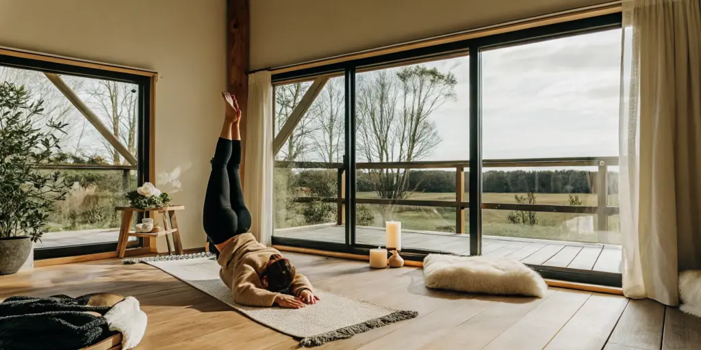 Person practicing yoga in a peaceful sunlit treatment room with natural wood floors and views of Ohio countryside