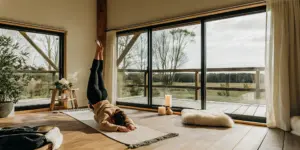 Person practicing yoga in a peaceful sunlit treatment room with natural wood floors and views of Ohio countryside