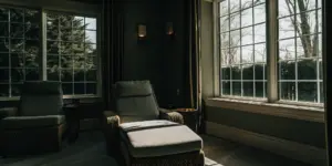 Serene luxury private room at Ohio rehab center with soft natural light, modern furnishings, and elegant decor representing high-end addiction treatment