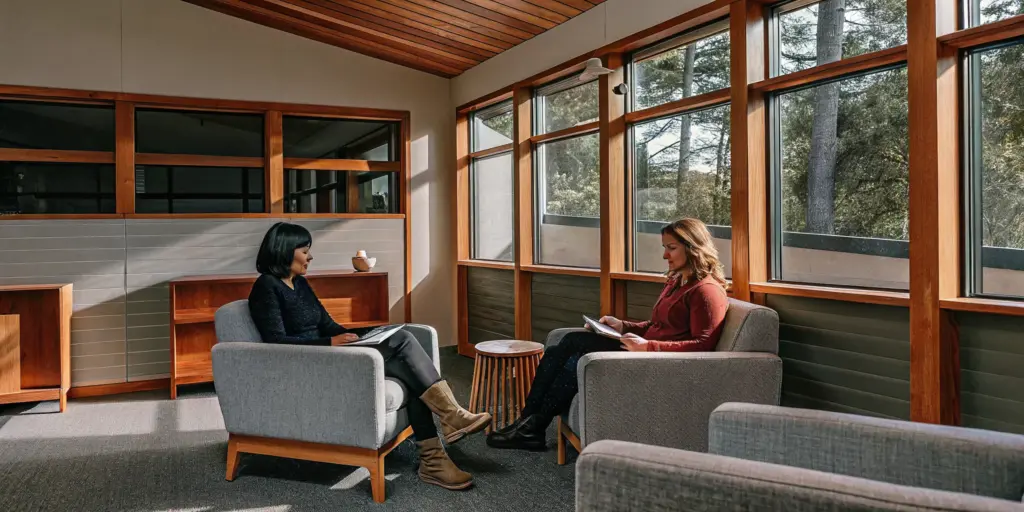 Modern therapy office with warm natural light and comfortable seating representing outpatient rehab in Ohio