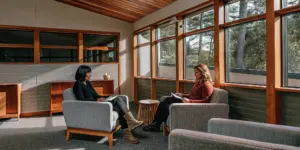 Modern therapy office with warm natural light and comfortable seating representing outpatient rehab in Ohio