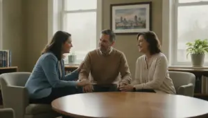 Clinician speaking with an adult about safe benzodiazepine addiction treatment