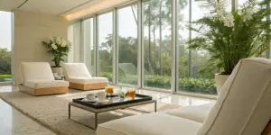 Serene lounge at a luxury inpatient drug rehab with comfortable seating and ample natural light.